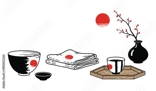 Japanese tea ceremony elements with red sun and plum blossom branch Keywords: Japan, tea ceremony, tea set, cups, bowls, folded cloth, vase, plum blossom, branch, red sun, sky, minimalist