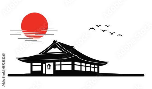 Japanese Traditional House Silhouette with Sun and Birds Flying Keywords: japan, japanese, house, building, architecture, traditional, temple, shrine, pagoda, roof, silhouette, black, white, red