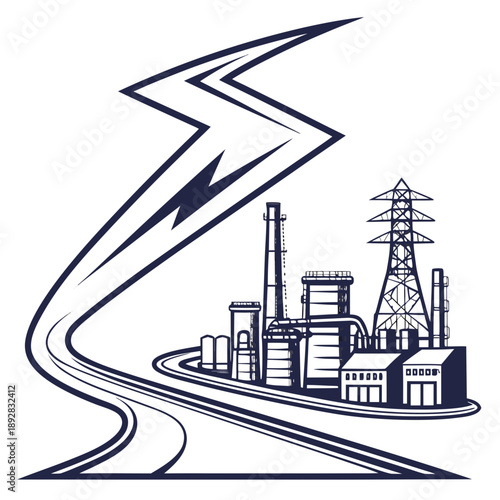 Dark blue industrial zone with lightning shaped energy path