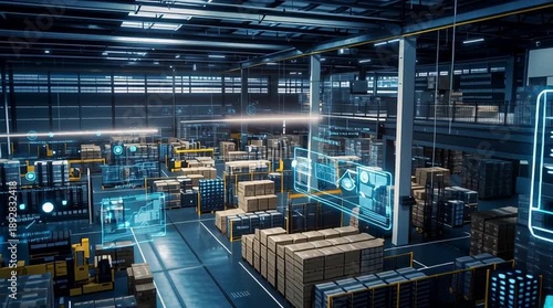 Automated guided vehicles moving goods in smart warehouse with augmented reality holographic heads-up display
