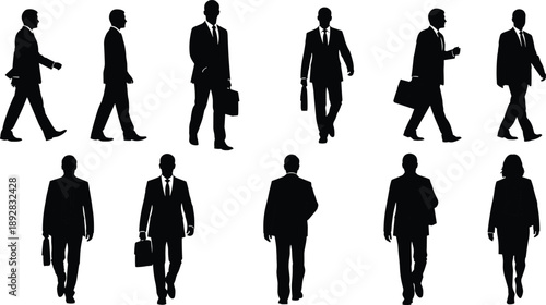 Collection of Black Silhouettes of Businessmen and Businesswomen Walking with Briefcases in Formal Suits, Representing Corporate Lifestyle, Professional Career, Office Commute, Leadership, 