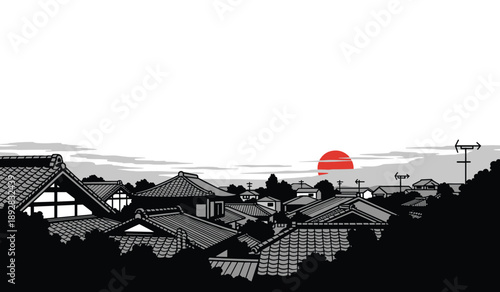Japanese Village Rooftops At Sunset With Red Sun town city