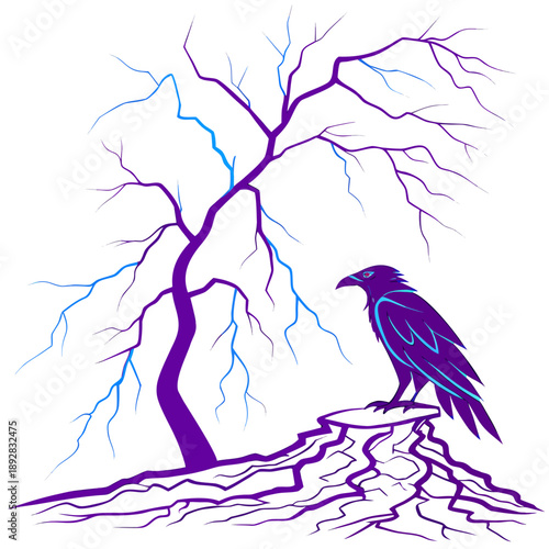 Purple crow standing on tree stump with blue and purple lightning bolts