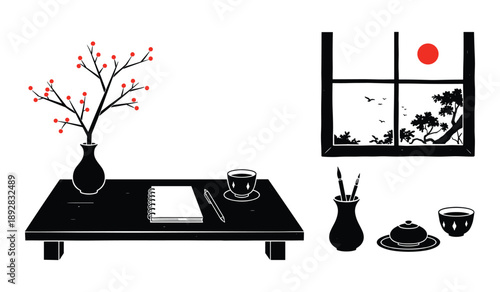 Japanese Zen Still Life With Red Berries And Tea Ceremony Elements On White Background