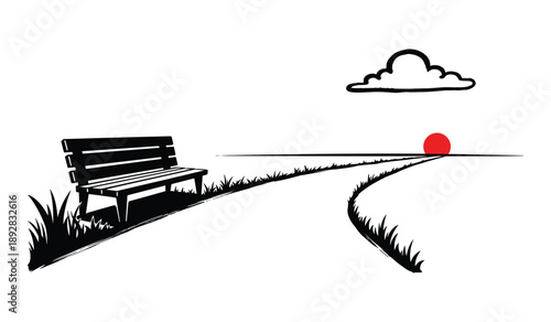 Minimalist illustration of a park bench on a path leading to a red sun Keywords: park bench, path, road, grass, cloud, sun, red circle, white background, minimalist, simple, illustration, nature