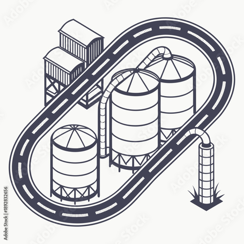 Industrial road loop with silos and pipes