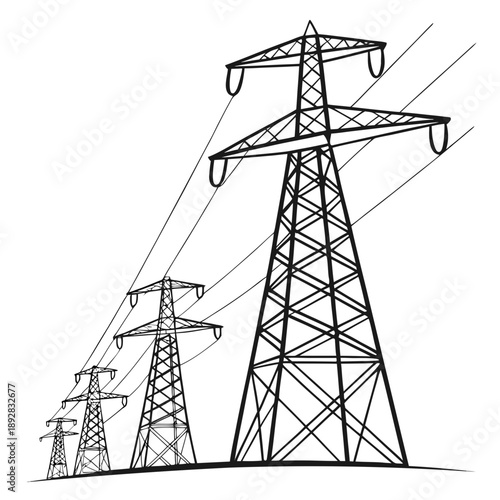 Power transmission towers forming arc composition in white background