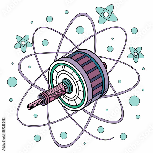 Turbine core with floating energy particles and atomic symbols