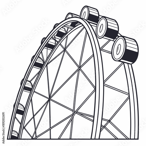 Black and white of a ferris wheel with enclosed gondolas