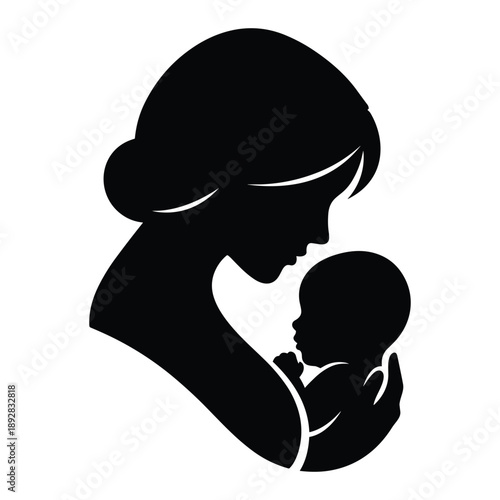 Mother holding baby silhouette icon, tender embrace and maternal love, black and white graphic