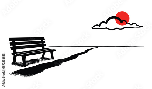 Park Bench Facing a Winding Path Towards a Red Sun and Cloud road