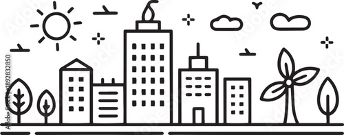 Sustainable Smart City Skyline with Wind Turbines Line Art Vector Illustration