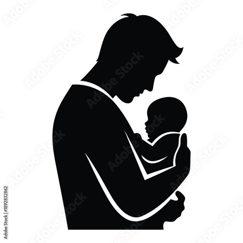 Father holding newborn baby icon, tender moment of paternal love and protection, black silhouette