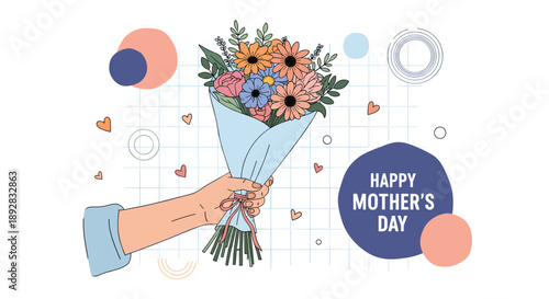 Person holding a beautiful mixed flower bouquet with orange, pink, and purple blooms for a happy mothers day greeting card design.