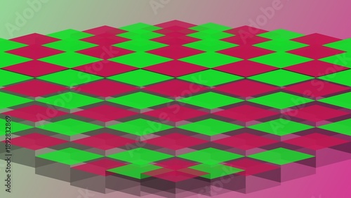 Geometric pattern of red and green diamonds creating a visual illusion of depth and movement.