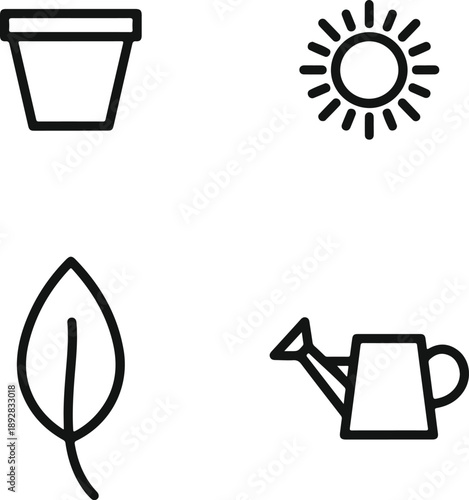 Essential gardening and nature elements line icons depicting growth, light, and care for plants