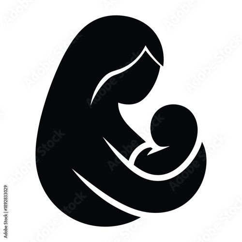 Mother and baby embrace icon, artistic representation of maternal love and bond, black silhouette