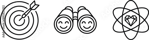 Business goal vision and innovation line icons set with target binoculars and creative idea symbol for startup strategy marketing and presentation design