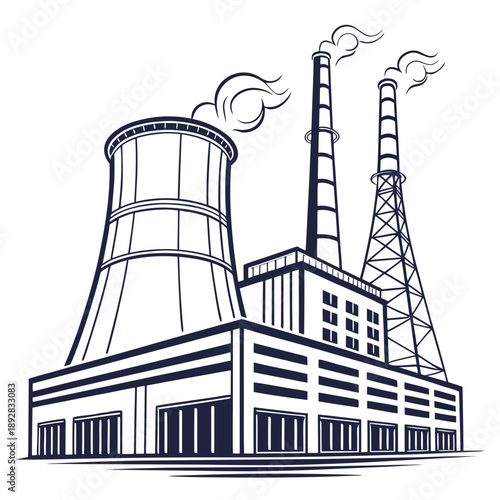 Futuristic power plant with cooling tower and smokestacks