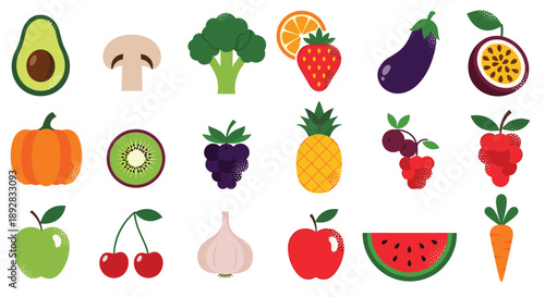 Assorted fruit and vegetable icons including avocado, broccoli, strawberry, pumpkin, and watermelon presented in a colorful flat design.