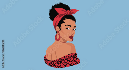 Portrait of a beautiful black woman with curly hair wearing a red headband and a leopard print top against a blue background.