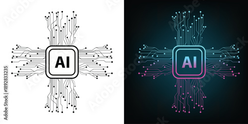 ai processor logo with circuit lines vector, artificial intelligence chip black line logo design, minimal technology ai logo circuit emblem isolated