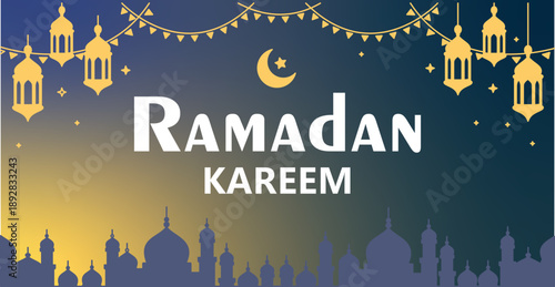 Ramadan Kareem Horizontal Vector Banner with Mosque and Lantern