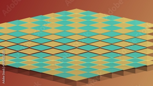 Geometric pattern of alternating teal and gold diamonds creating a vibrant, abstract background.