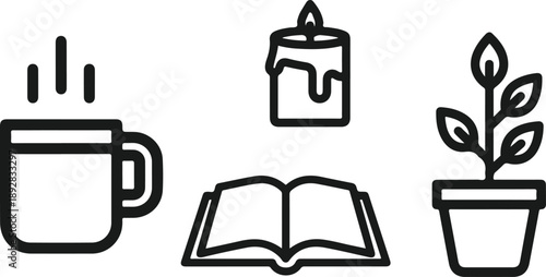 Aesthetic icon collection featuring a cozy mug, burning candle, open book, and potted plant