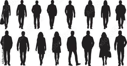 Silhouettes of people walking in various poses and styles