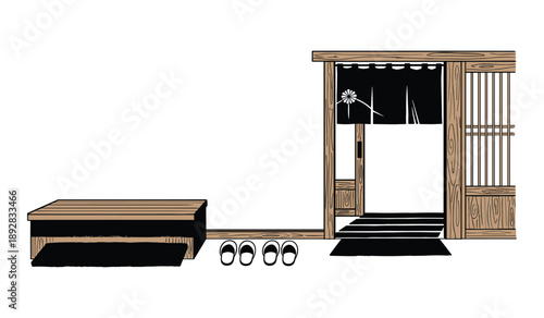 Traditional Japanese Entrance With Wooden Architecture And Slippers doorway
