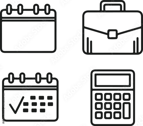 Essential business and finance tools represented by line icons: calendar, briefcase, and calculator