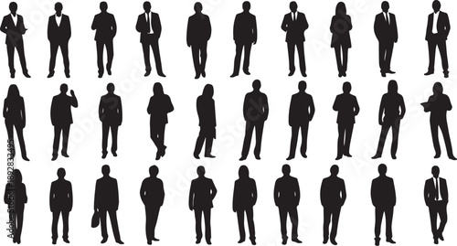 Silhouettes of business people in various professional poses and stances