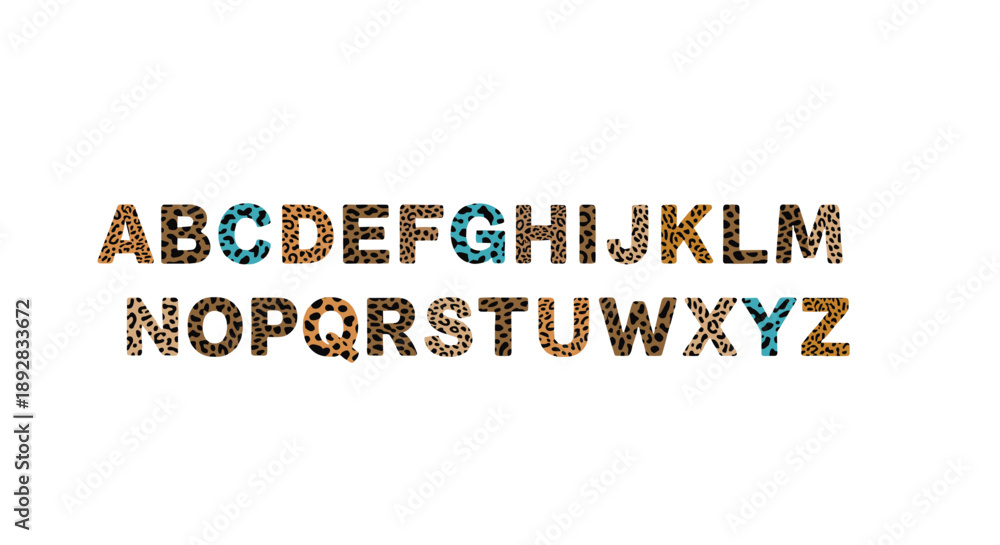 Obraz premium Complete alphabet set from A to Z featuring a trendy leopard animal print pattern in brown and blue colors on a white background.