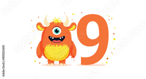 Cheerful orange one-eyed monster character standing next to a large number nine for a childs ninth birthday celebration.