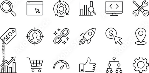 Business marketing and SEO line icons set with analytics startup web development ecommerce growth and digital strategy symbols for website and app design