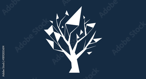 Abstract geometric tree silhouette white on dark blue background.