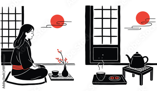 Woman in kimono meditating in a Japanese room with tea set and red sun outside Keywords: Japanese room, woman, kimono, meditation, sitting, peaceful, serene, tea set, teapot, teacup, tray, red sun