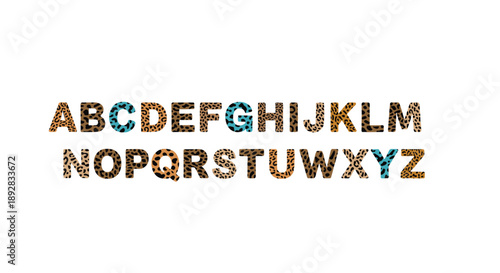 Complete alphabet set from A to Z featuring a trendy leopard animal print pattern in brown and blue colors on a white background.