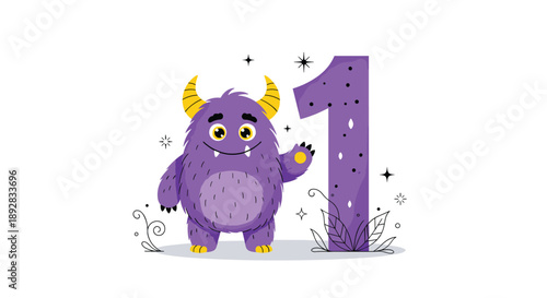 Friendly purple monster character standing next to a large number one for a childs first birthday celebration or milestone.