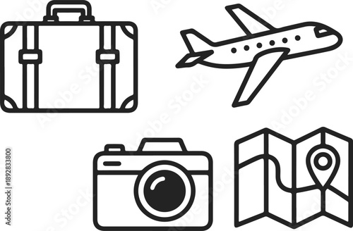 Travel and vacation essentials suitcase, airplane, camera, and map icons