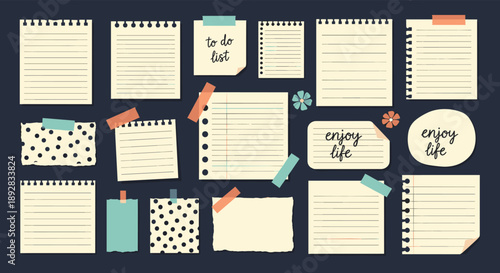 Collection of various notebook pages, to-do lists, and sticky notes with decorative tape on a dark navy blue background.