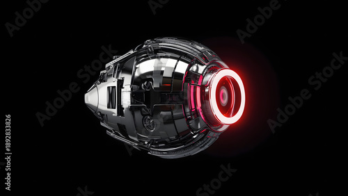 Futuristic spacecraft with glowing red engine against dark background.