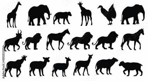 Assortment of African wildlife silhouettes Keywords: giraffe, elephant, lion, horse, turkey
