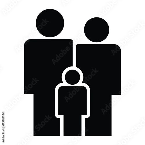 Two parents and child icon, simple representation of a nuclear family, black silhouette