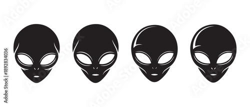Set of Alien Heads, UFO, Sci-Fi Icons, Isolated on White Background.