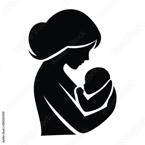 Mother breastfeeding baby icon, a symbol of nurturing and maternal connection, black silhouette