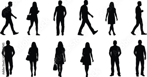 Collection of Black Silhouettes of Men and Women Walking in Urban Style, Carrying Bags and Backpacks, Representing Daily Life, Commuting, Shopping, and Modern Lifestyle Concept