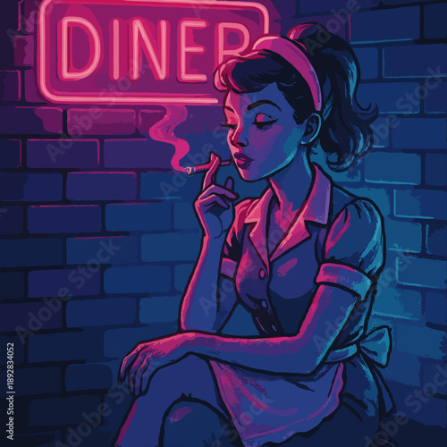waitress smoking in a diner with a neon sign in a retro dark blue and pink style