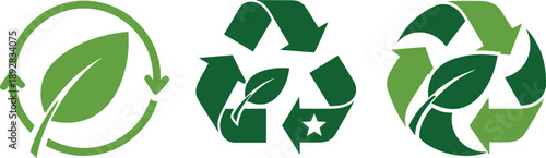 Eco-friendly recycling icons with green leaves and circular arrows, representing sustainability, environmental protection, nature cycle, green initiatives, ecological balance, certification, reuse